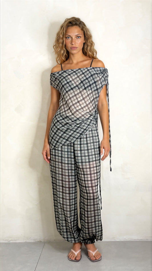 Sheer Plaid Bubble Pant
