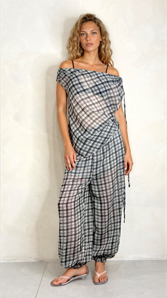 Sheer Plaid Asym Top