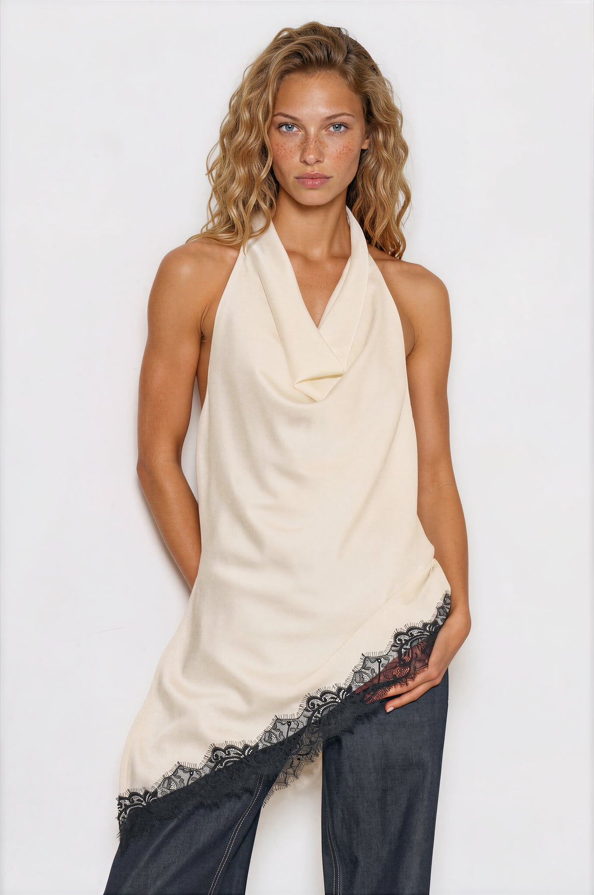 Halter Satin Lace Trim Tunic