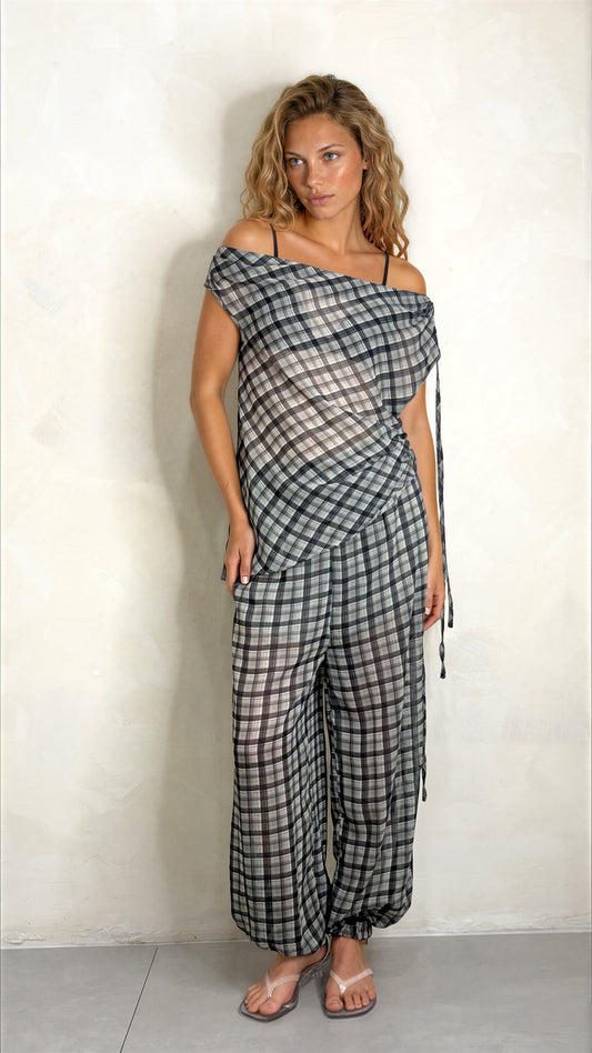 Sheer Plaid Bubble Pant