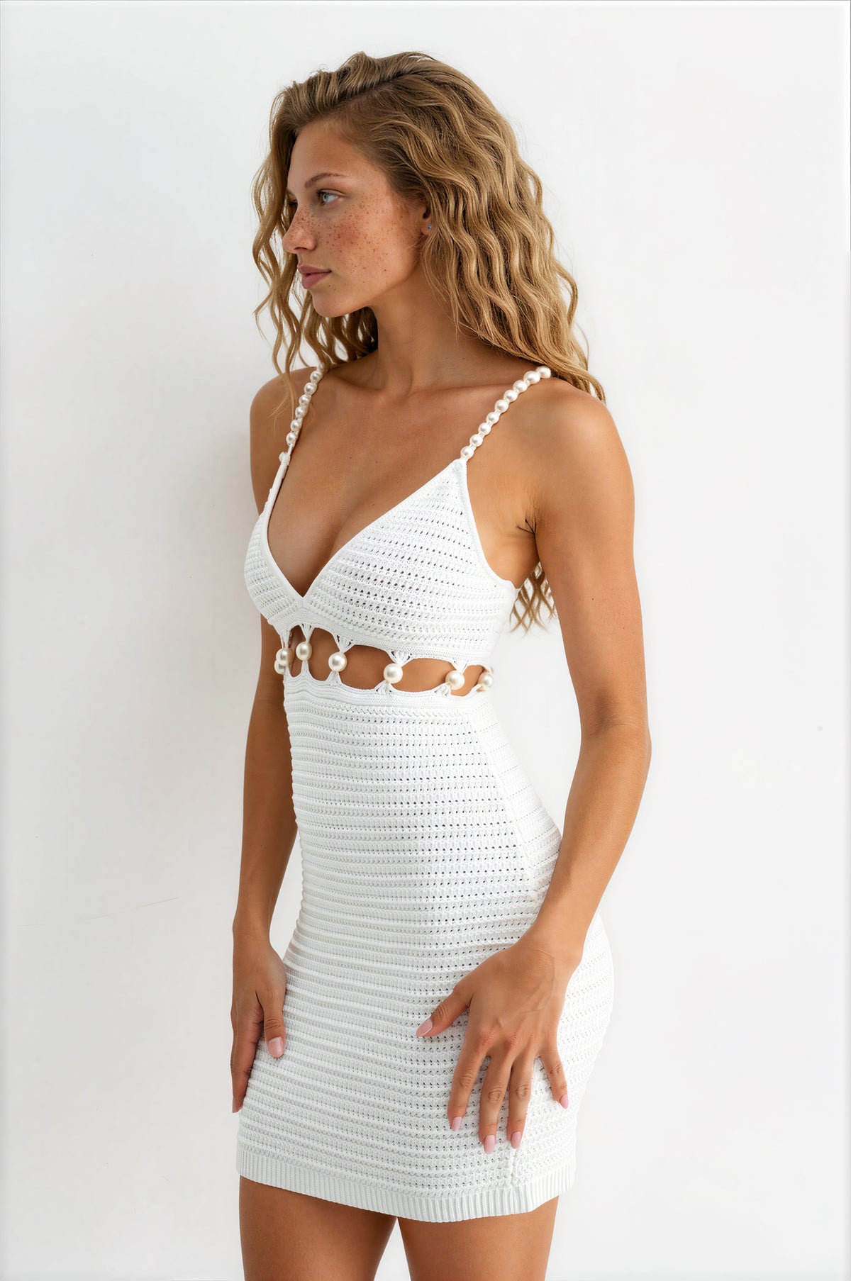 Pearl Detail Crochet Mini Dress