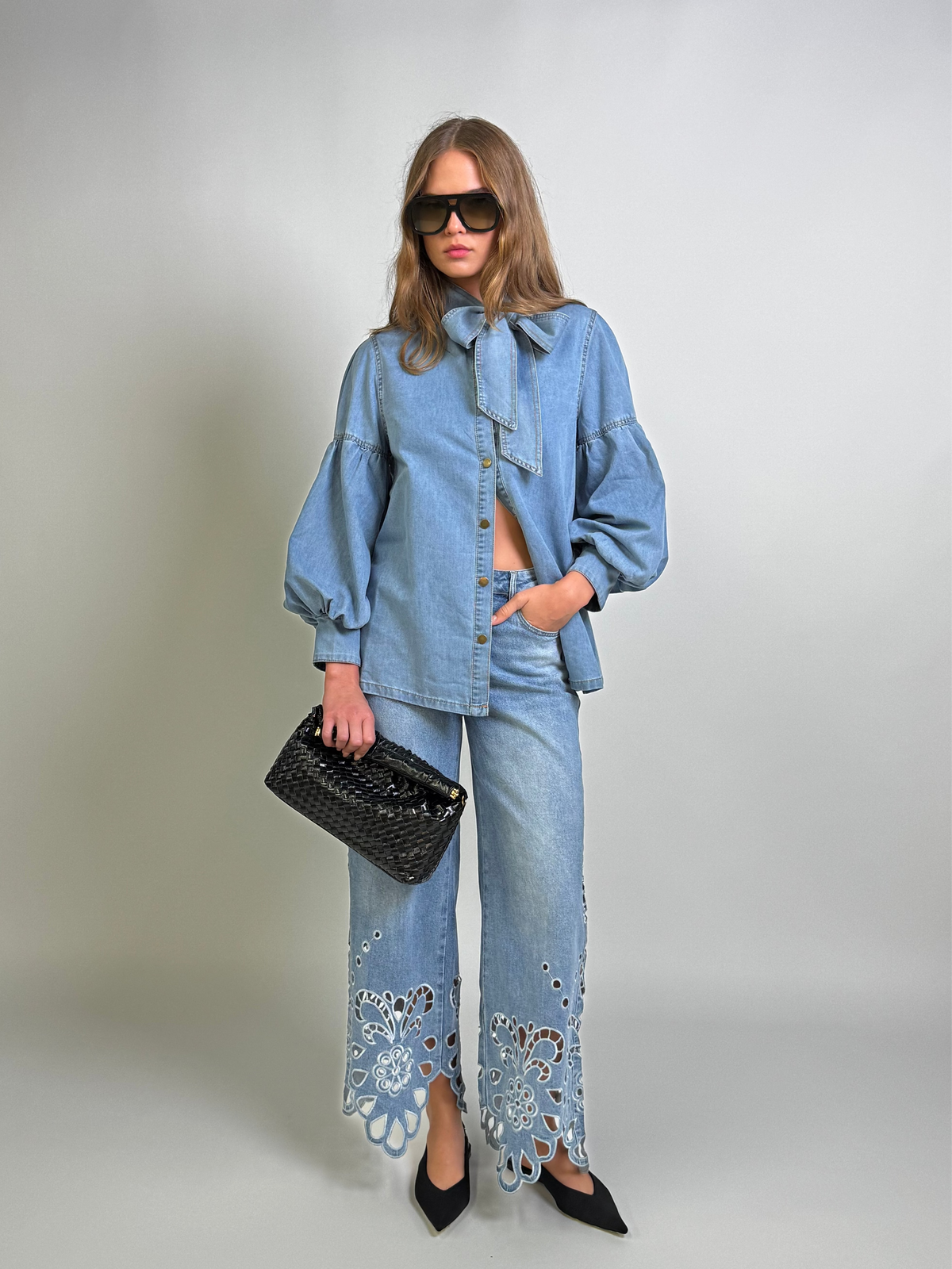 Denim Tie Neck Blouse