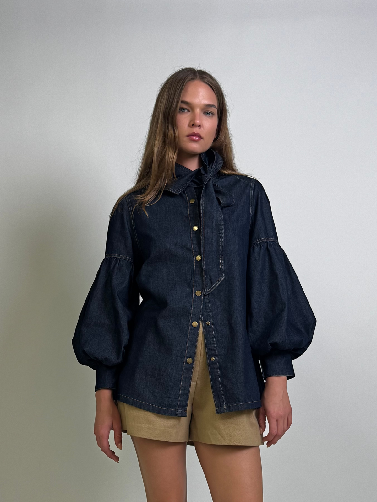 Denim Tie Neck Blouse