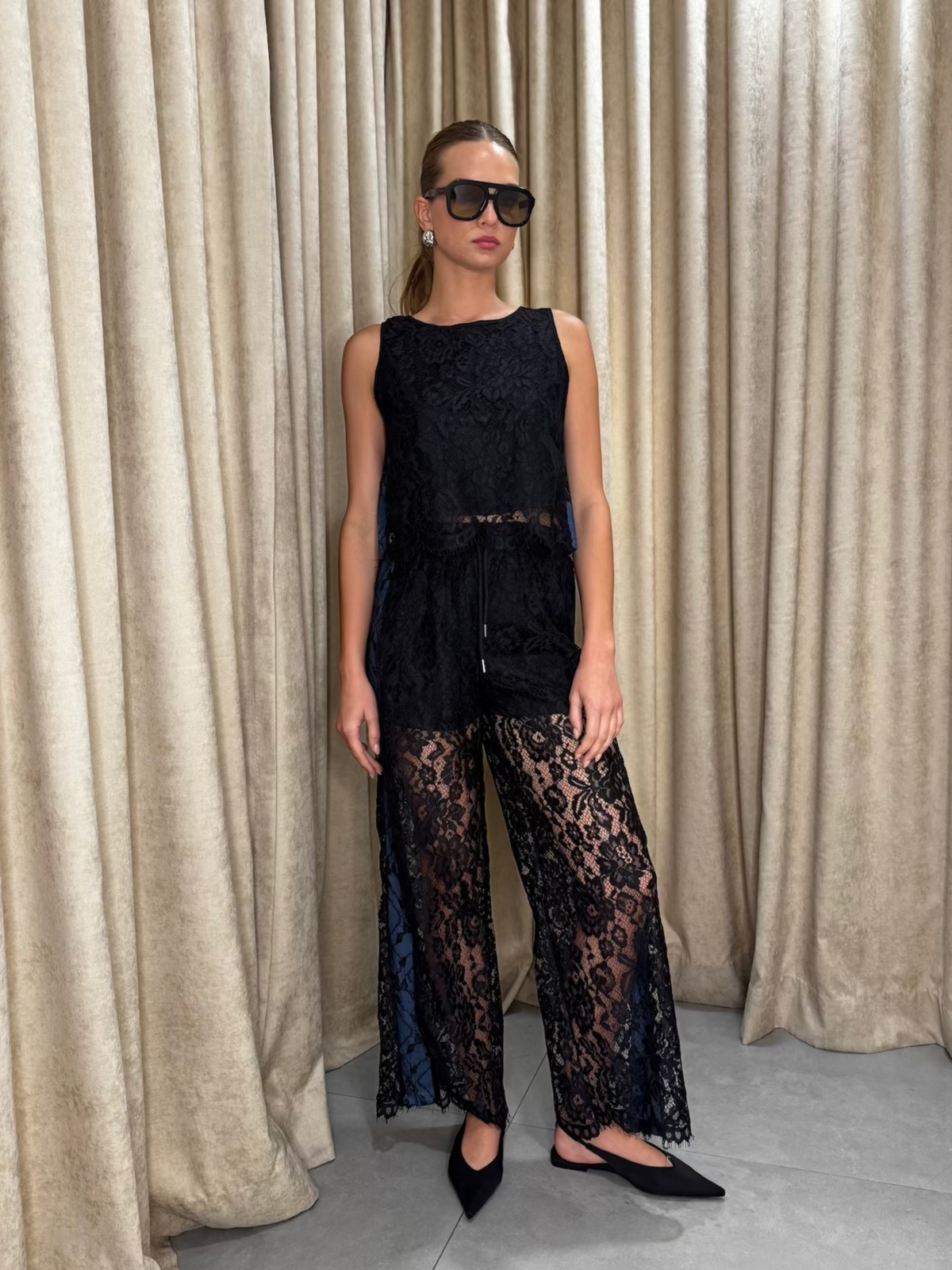 Lace Contrast Pant Set