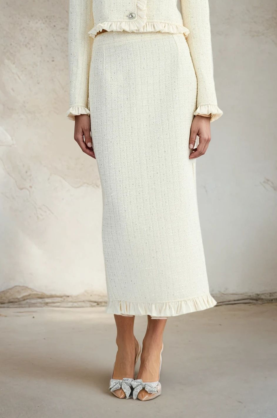 Frill Tweed Midi Skirt