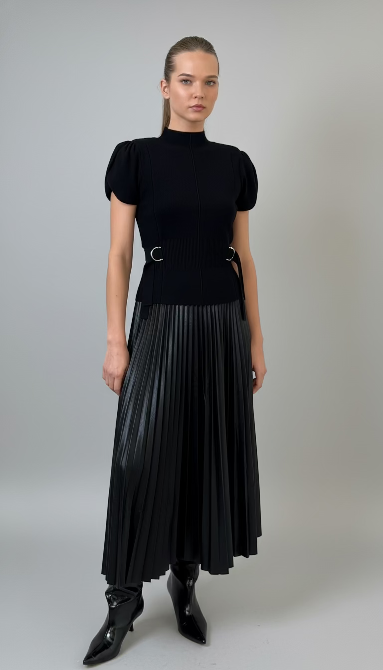 Faux Leather Pleated Midi Skirt