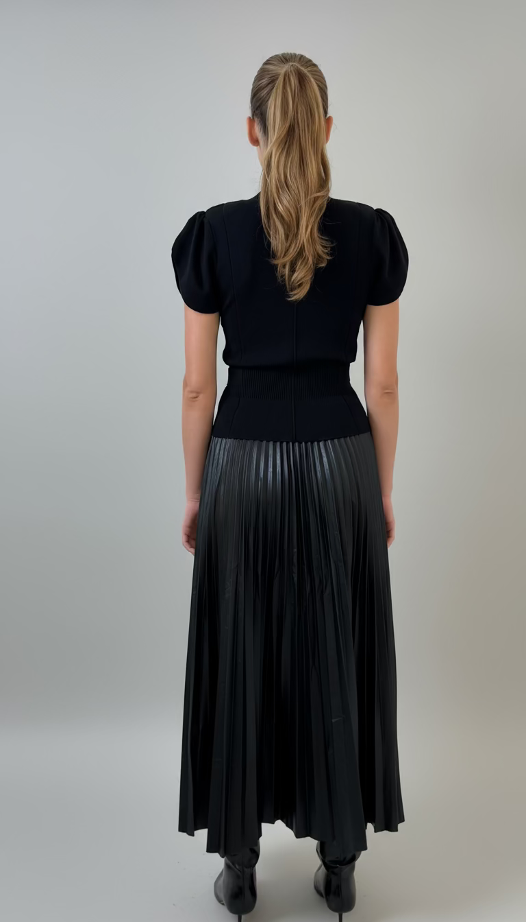 Faux Leather Pleated Midi Skirt