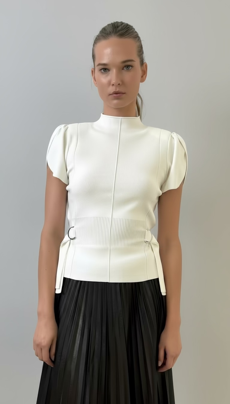 Woman wearing a white top with puffed sleeves and a black pleated skirt against a white background