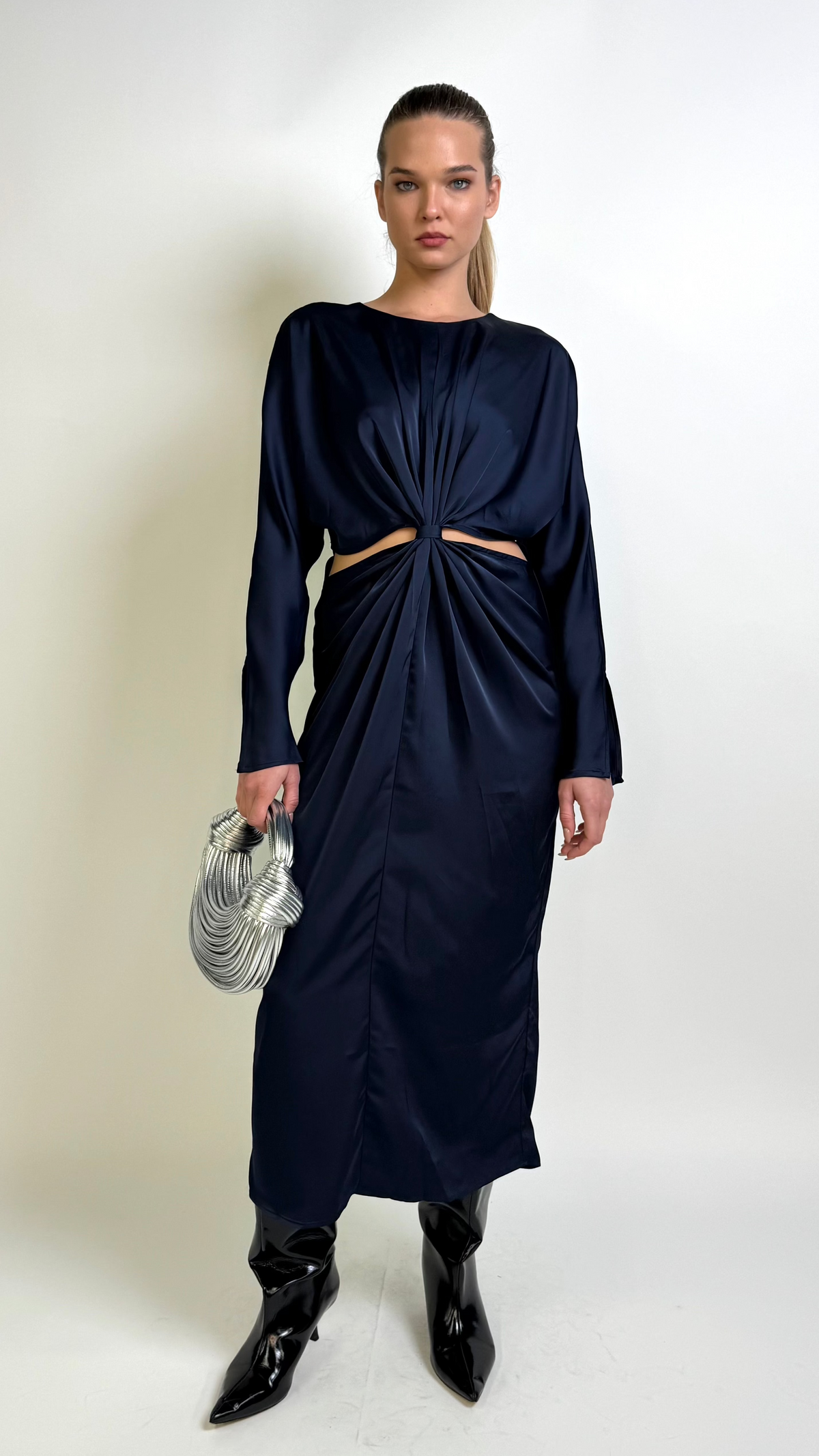 L/s Satin cut Out Midi Dress