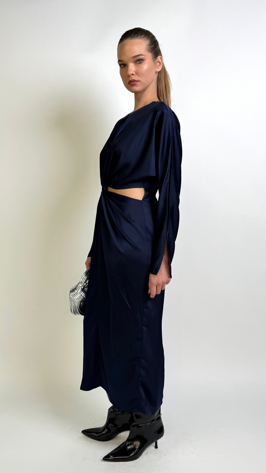 L/s Satin cut Out Midi Dress