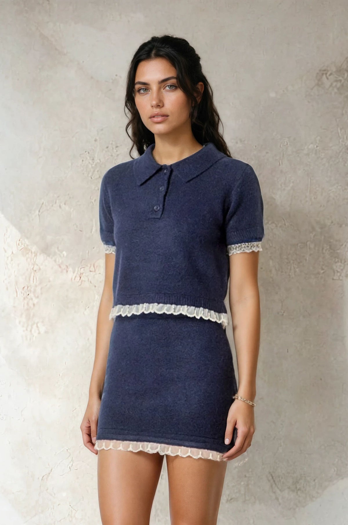 Knit Polo W/Pearl Embellished