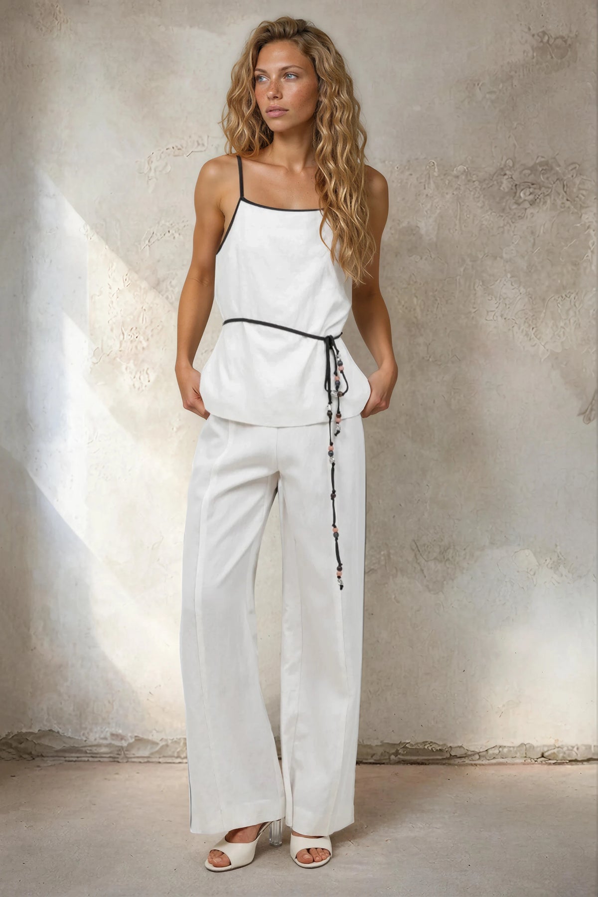 Beaded Tie Linen Top