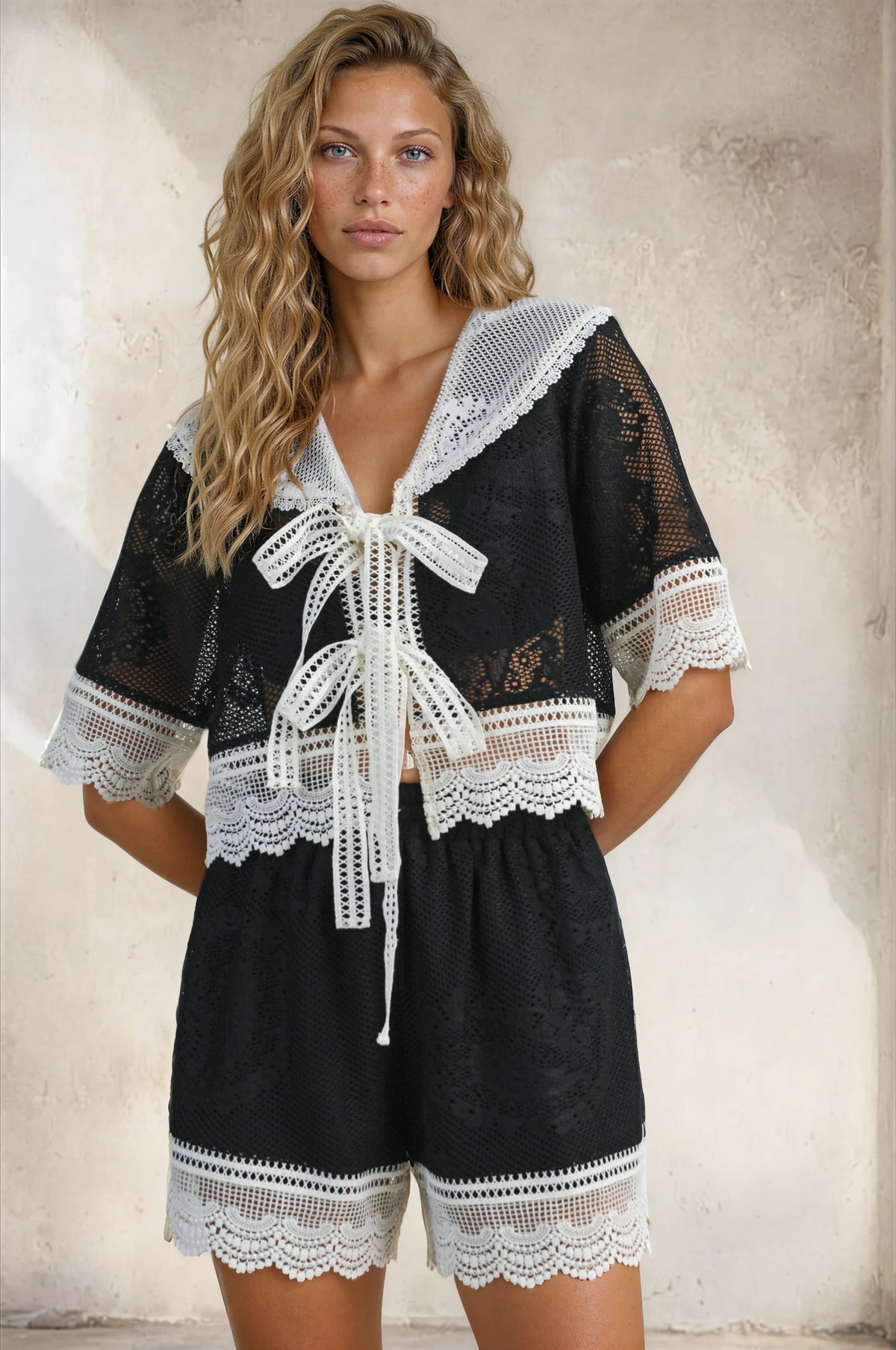 Two tone Lace Contrast Short Set