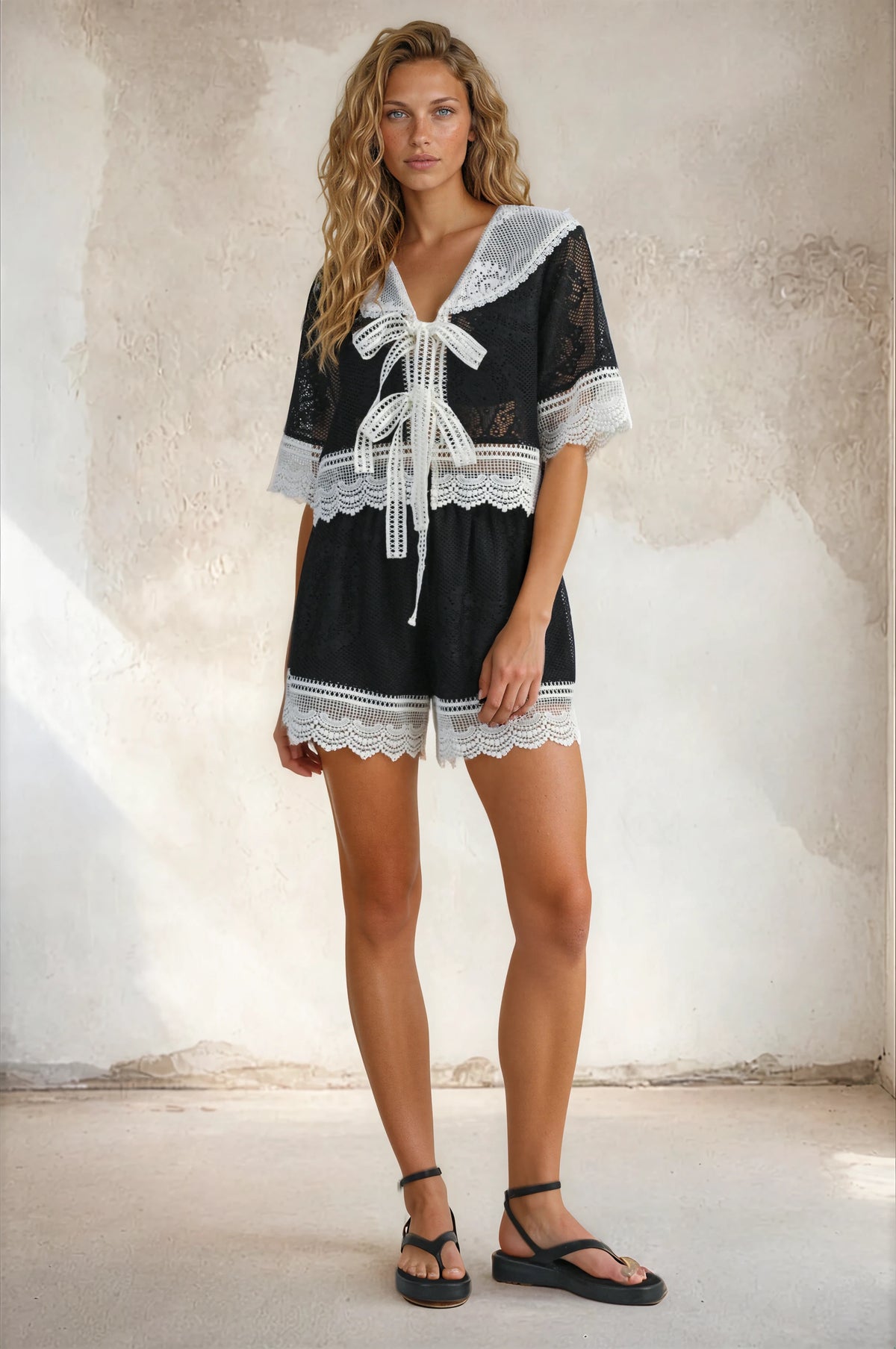 Two tone Lace Contrast Short Set