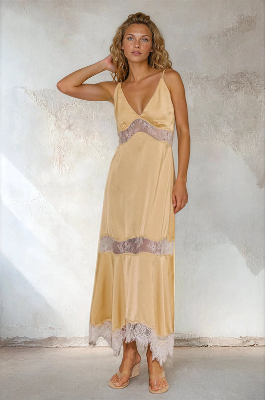 Lace Contrast Satin Maxi Dress