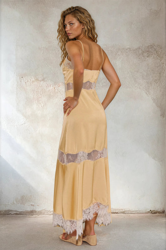 Lace Contrast Satin Maxi Dress