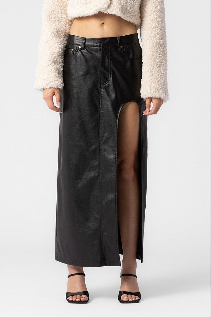 Vegan Leather Midi Skirt W/Slit