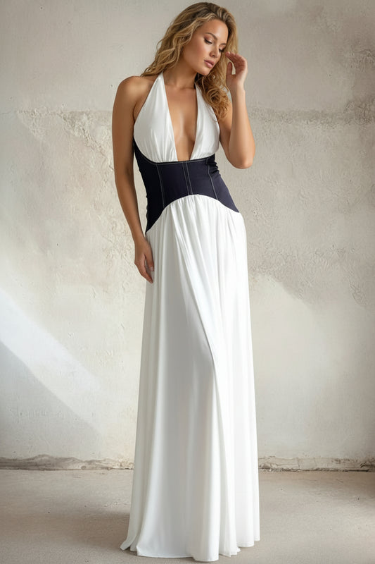 Denim Contrast Halter Maxi